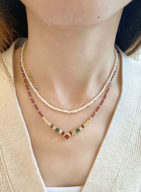 SparkLoops 紫牙乌 1月生辰石天然紫牙乌石榴石祖母绿项链/锁骨链