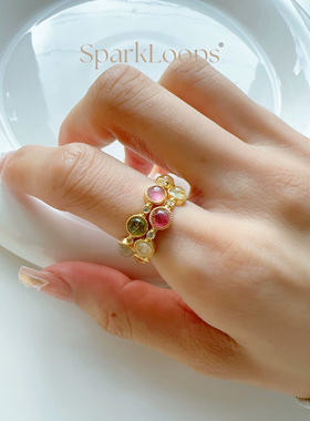 SparkLoops 24K金天然宝石戒指 天然碧玺/花珀/石榴石/玉髓碧玉