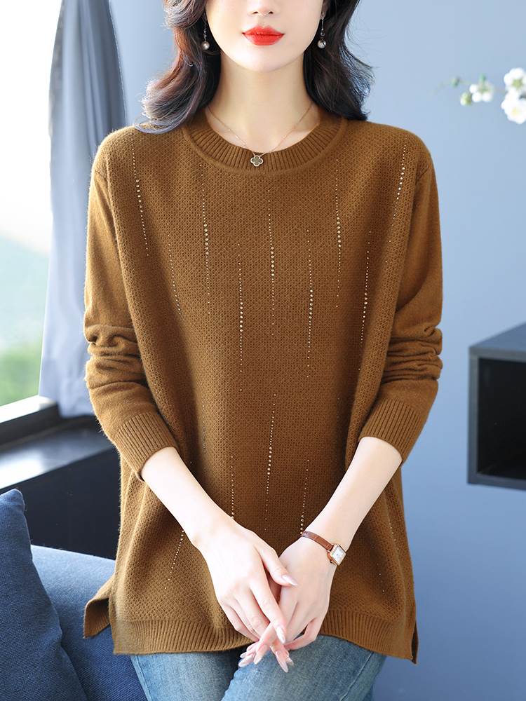 中年妈妈秋冬羊毛衫圆领毛衣女宽松加肥加大码遮肉上衣针织打底衫