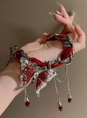 红色蝴蝶项圈小众个性夸张流苏项链女颈链choker饰品锁骨链脖颈