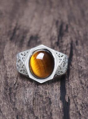 个性小众复古时尚虎眼石戒指镶嵌虎睛石水晶石开口可调节戒指男士