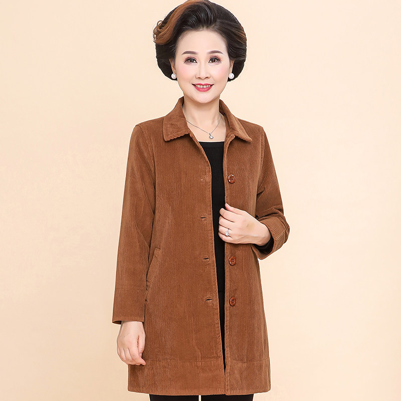 中老年人春秋新款灯芯绒外套中长款 曼丽依都中老年女装