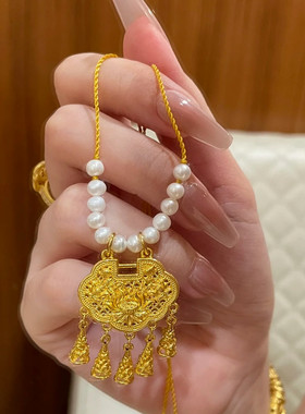 金店同款沙金仿真金莲花如意流苏锁吊坠荷花锁包挂坠diy配件