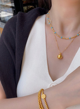 金店同款沙金仿真金镀金仿绿松石项链女轻奢小众设计感高级锁骨链