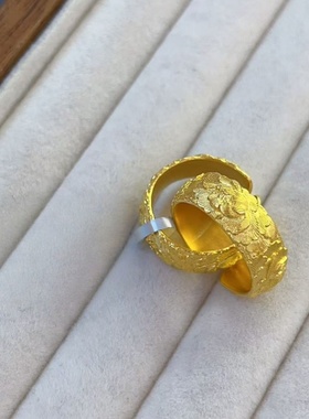金店同款黄金色沙金轻奢篆刻牡丹花开口戒指女黄金色开口高级感