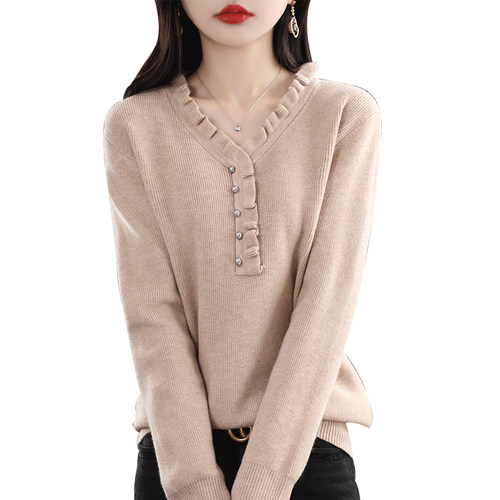 恒源祥气质V领针织衫春秋女装内搭打底衫宽松套头毛衣木耳领线衫 - 图3