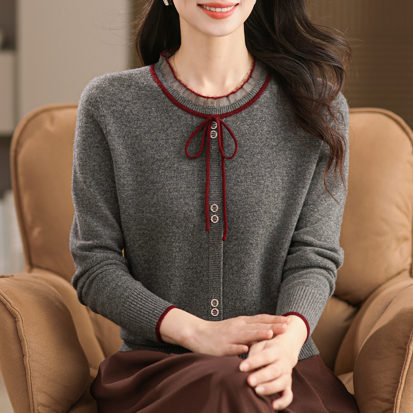 恒源祥纯羊毛衫开衫经典花边毛衣半高圆领针织衫女装上衣时尚简约 - 图1