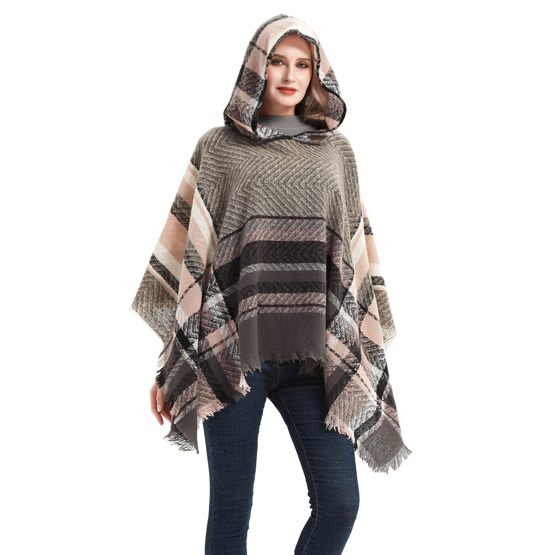 2025 New Women's Grid Color Block Hooded Travel Cape Shawl - 图3
