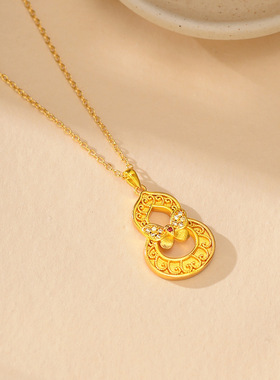 沙金镂空蝴蝶福禄吊坠女鎏金国潮风复古花丝挂坠点钻项链一件