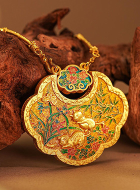 黄金色沙金烧蓝金韵双生锁包吊坠女款珐琅彩双面如意古韵国风项链