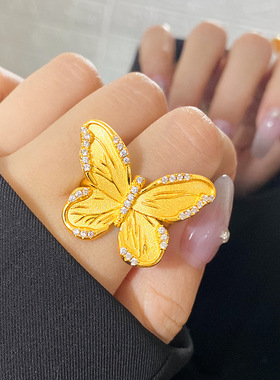 新款夸张立体蝴蝶开口镶锆石戒指仿黄金沙金戒指女小众设计可