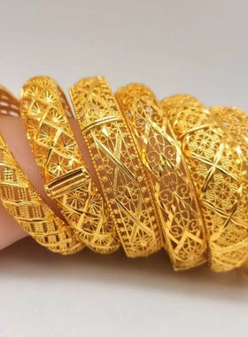 2025新款黄金色越南沙金镂空卡扣手镯女复古婚庆结婚饰品手环首饰