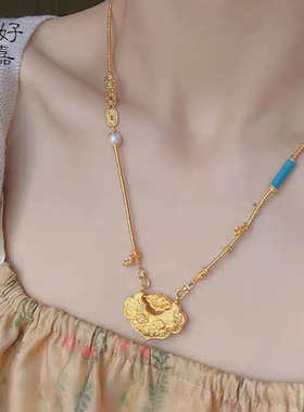 2026莲花锦鲤合金项链吊坠女如意长命金锁古风锁珍珠双钩链条挂坠