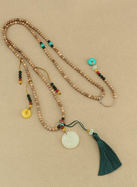 2025女款木质串珠长款斜挎链复古玉石吊坠背背项链古风汉服旗袍链