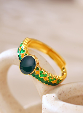 越南沙金珐琅戒指复古宫廷风锆石镶嵌气质高级小众黄金色直播