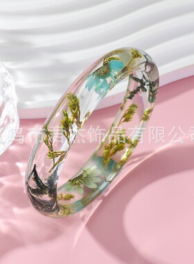 欧美跨境新款个性树脂干花手镯天然真花复古彩花时尚热卖手环