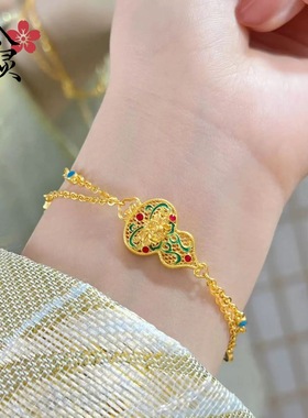 2025新女式黄金色沙金福禄生莲手链珐琅葫芦流苏项链复古国风耳饰