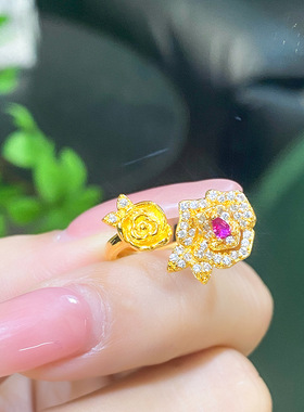 金店同款沙金高级感开口戒子双生玫瑰花戒指小众时尚美拉德风 女