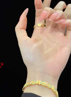 新中式古法沙金珐琅彩繁花似锦戒指高级感轻奢气质指环直播货源