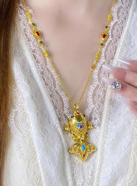 越南沙金珐琅彩蓝眼金鱼套链女士金色非遗手工小金鱼点钻镶嵌项链