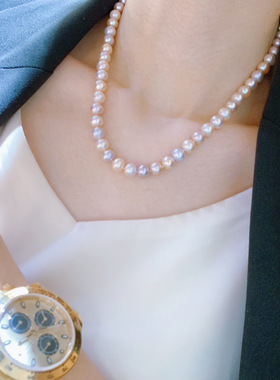 2026 8-9mm天然淡水混彩珍珠项链女款近圆微瑕百搭时尚精致锁骨链