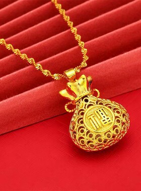 沙金镂空花丝福字袋吊坠女挂坠黄金色福字钱袋衣链锁骨链女士项链