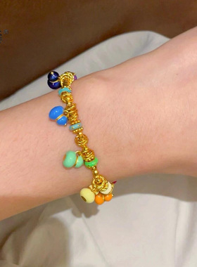 黄金色沙金珐琅七宝葫芦麻花盘缠蹦迪珠手链女式百搭七子葫芦手串