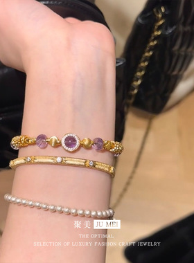 新中式古法黄金色沙金紫水晶盘缠手链女千金感拉丝猫眼珠叠戴手串