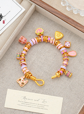 新中式沙金珐琅如意锁狐狸面具盘缠手镯粉色多巴胺多宝吉言镯子