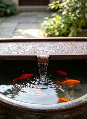 底进水复古鱼缸加深防溢流水板水缸横板底板摆台中式加厚流水摆件