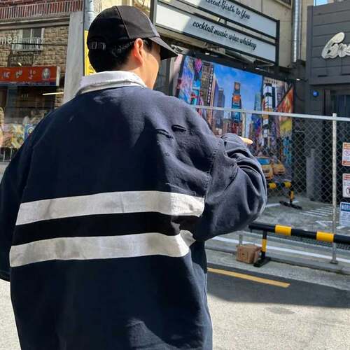 现货 GRAILZ LEARL GR23SS做旧破坏polo长袖OS双层衬衫领卫衣外套 - 图1