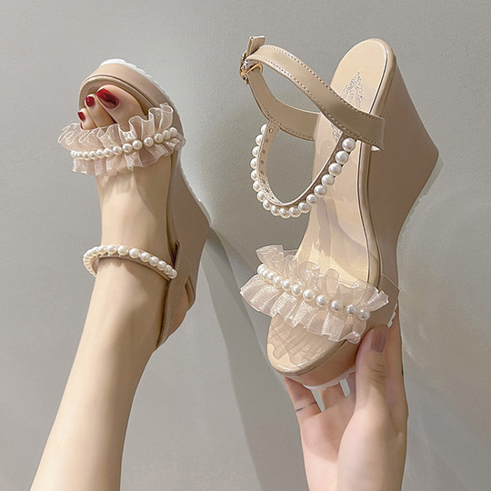 Sandales compensées en perles pour femmes, plateforme, talons hauts