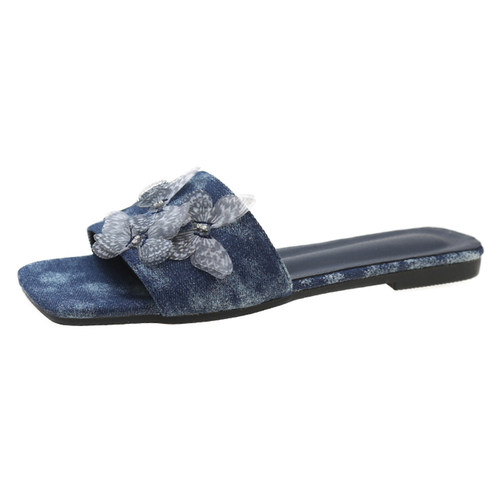 2026春季新款女鞋蓝色百搭牛仔蝴蝶装饰平底半拖做旧复古拖鞋外穿 - 图3