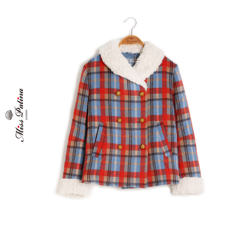 MP英伦复古原创设计 羊羔毛领格子双排扣毛呢短款外套+针织帽套装,淘宝优惠券,粉丝福利购,淘宝优惠卷