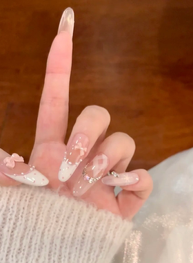 温柔甜美粉嫩穿戴甲蝴蝶结法式高级感轻奢美甲显白春夏波点雪花