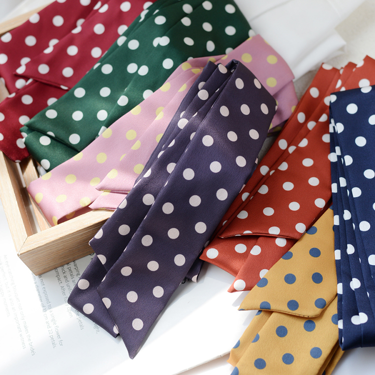 复古时尚波点长形丝巾女春秋时尚百搭装饰领结手打领巾细窄飘带潮 - 图3