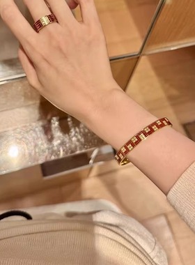 周家同款红色珐琅福字手环女vintage时尚气质感手镯小众设计手饰