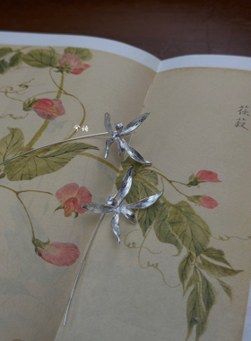 兮语「鸢卉」S925纯银耳线女耳环鸢尾花花卉纯银新中式国风礼物