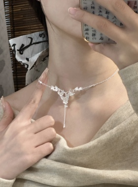 足银990蝴蝶项链女气质流苏长款立体串珠蝴蝶锁骨链灵动锁骨链