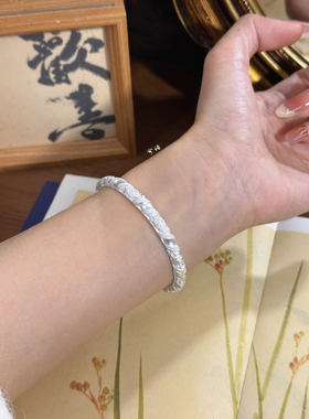 兮语「洛川」足银999.9手工錾刻牡丹开口手镯女纯银新中式国风