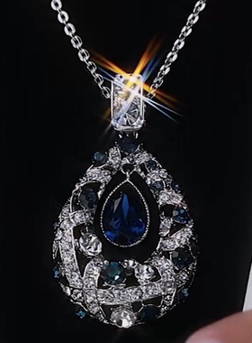 高级感蓝色水晶水滴吊坠毛衣链女时尚百搭秋冬新款大衣毛衣配饰潮