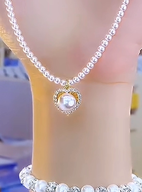 永结同心镶钻珠珠爱心吊坠锁骨链法式简约优雅锁骨链气质时尚配饰