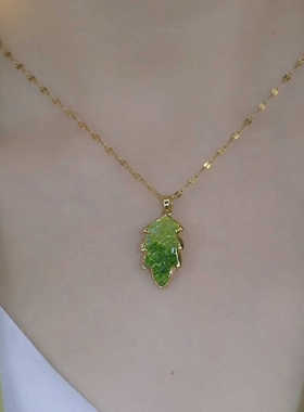 日韩新款清新绿色满钻树叶项链