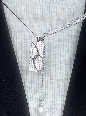 气质高级感满钻几何方形流苏项链秋冬时尚长款珍珠毛衣链大衣配饰