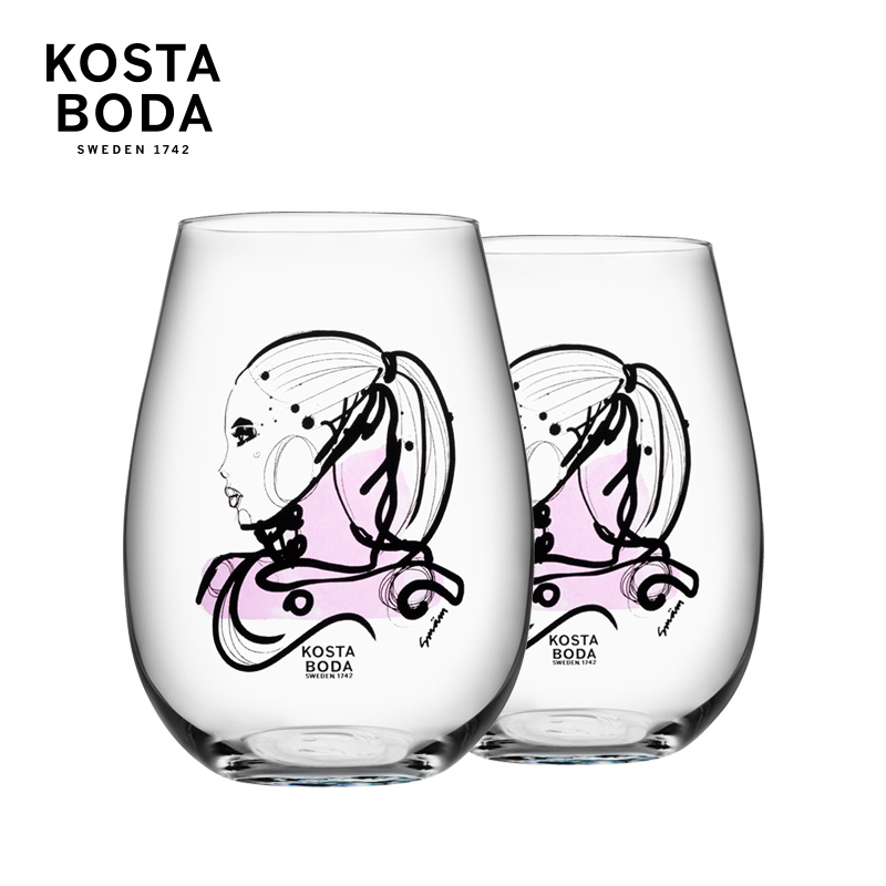 瑞典kosta boda 涂鸦画玻璃杯两只装 创意人物画图案 手工玻璃杯 - 图3