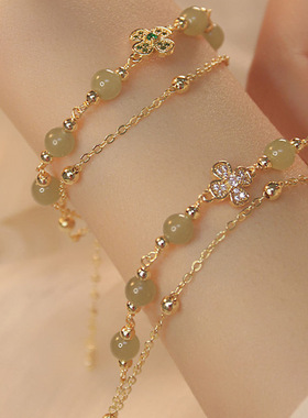 中国风四叶草手串女小众设计新款古风手链双层叠戴珠子女款