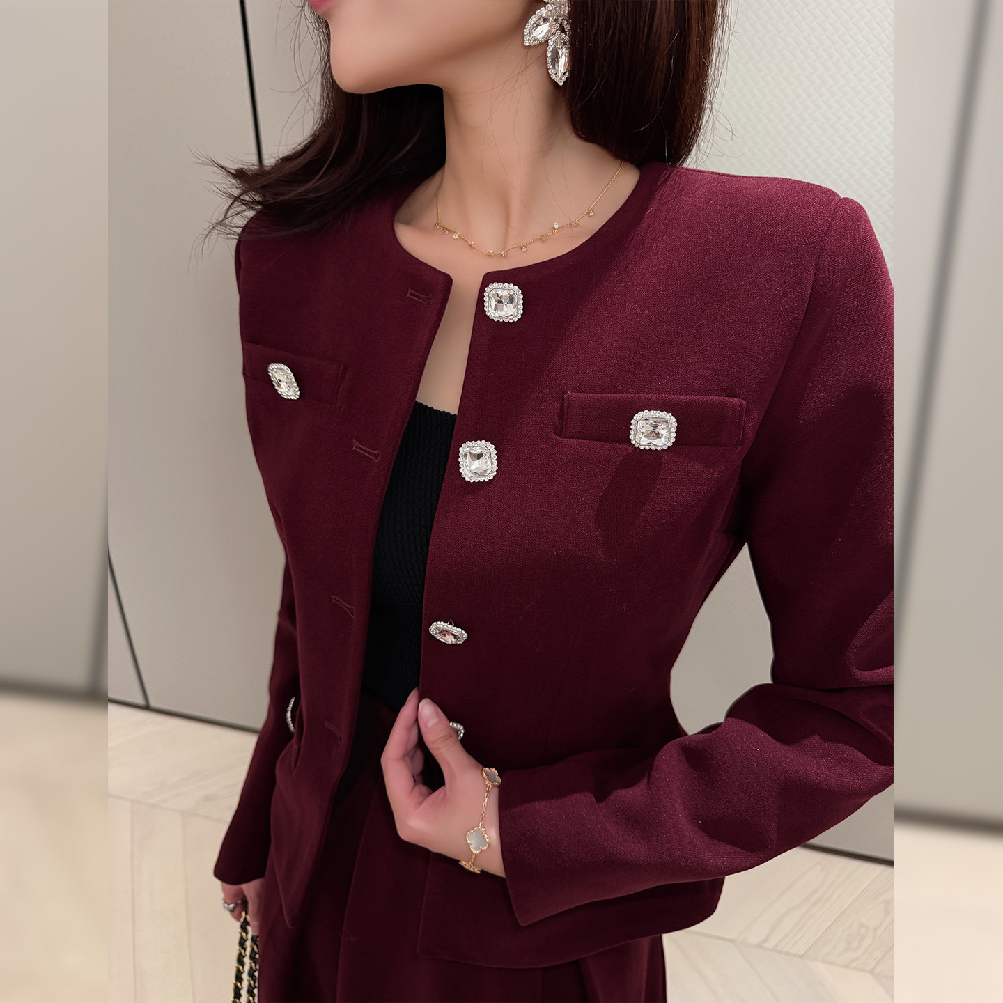 【新品9折】韩版时尚夹棉毛呢套装重工单排扣外套+大摆裙两件套女,淘宝优惠券,粉丝福利购,淘宝优惠卷