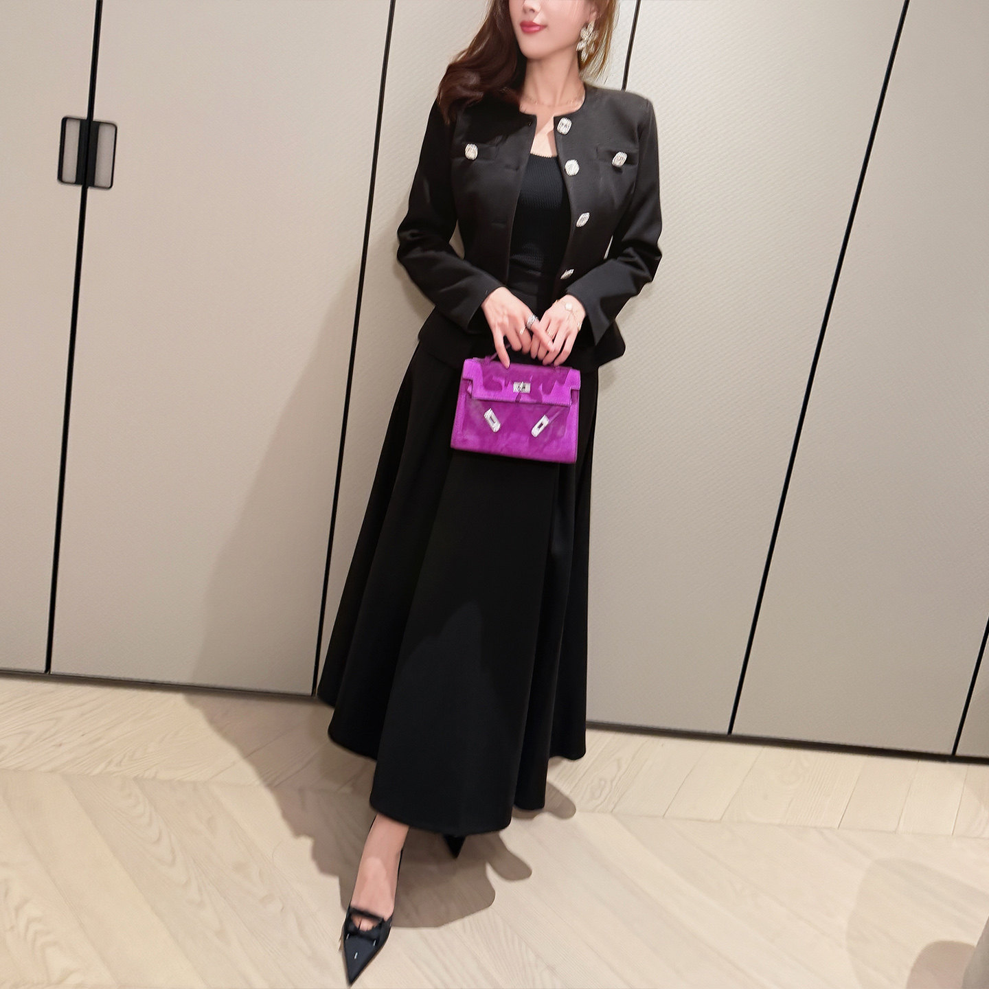 【新品9折】韩版时尚夹棉毛呢套装重工单排扣外套+大摆裙两件套女,淘宝优惠券,粉丝福利购,淘宝优惠卷