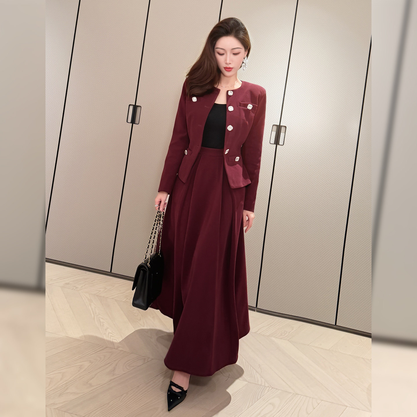 【新品9折】韩版时尚夹棉毛呢套装重工单排扣外套+大摆裙两件套女,淘宝优惠券,粉丝福利购,淘宝优惠卷