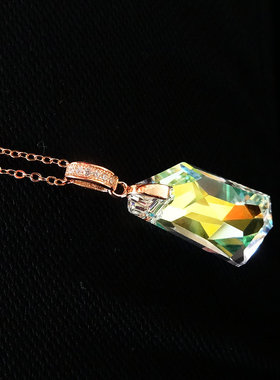 水晶纯银颈链玫瑰金吊坠